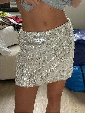 Wayf Silver Sequin Mini Skirt